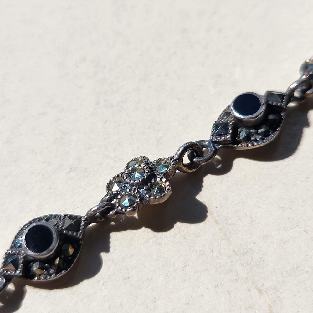 Vintage 925 Sterling Silver Black Onyx Marcasite Panel Link Bracelet Art Deco - Picture 4 of 10